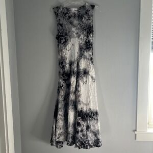 LUNA LUZ‎ Tie Dye Midi Dress Linen Blend V Neck Medium Crinkle Artsy Lagenlook